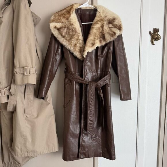 Vintage 70's Brown Leather Fur Trim Belted Midi Trench Coat Jacket - Picture 8 of 8